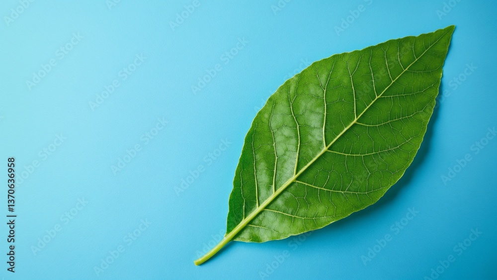 Obraz premium Vibrant Green Leaf on Bright Blue Background with Soft Texture Highlighting Nature's Simplicity and Beauty for Design and Creative Projects