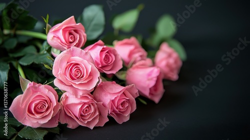Bouquet of pink roses on a black background.