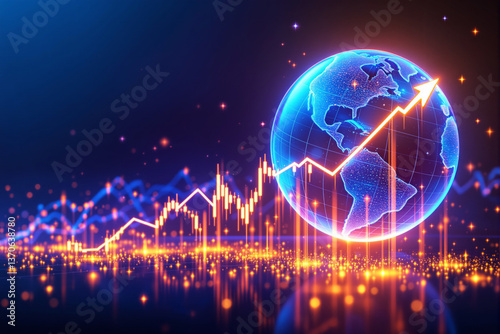 Abstract financial growth concept with glowing stock market graph and digital globe background.