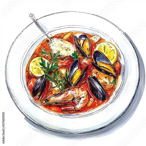 watercolor copic marker concept sketch of Bouillabaisse