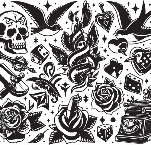Tattoo Style Vector Bundle | Vintage Skull, Roses, Dragons, and Wild Animals Illustrations