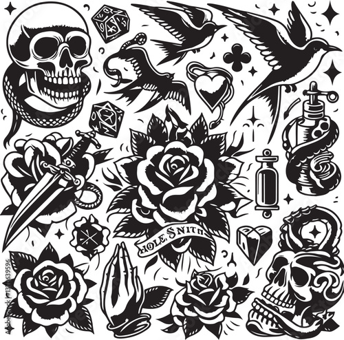 Tattoo Style Vector Bundle | Vintage Skull, Roses, Dragons, and Wild Animals Illustrations