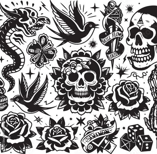 Tattoo Style Vector Bundle | Vintage Skull, Roses, Dragons, and Wild Animals Illustrations