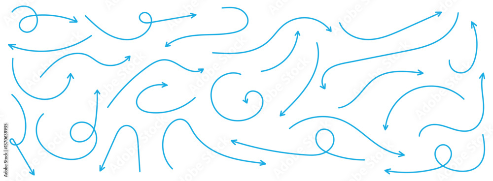 Naklejka premium Set of simple lines hand drawn blue arrows in various style. Set of simple of hand drawn blue arrows. Set of simple lines hand drawn blue arrows. Various of simple lines arrows collection.