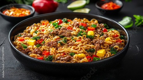 Spicy Beef Noodle Dish on Dark Plate
