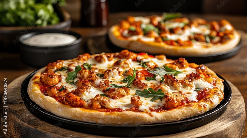 Close-up of two pizzas with melted cheese and toppings on wooden boards next to a bowl of white sauce and a bowl of green leafy vegetables Close-up of two pizzas with melted cheese and toppings on wooden boards next to a bowl of white sauce and a bowl of green leafy vegetables