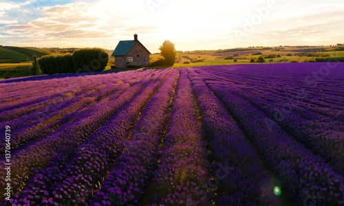 Small house in lavender fields at sunset in Provence France Video animation