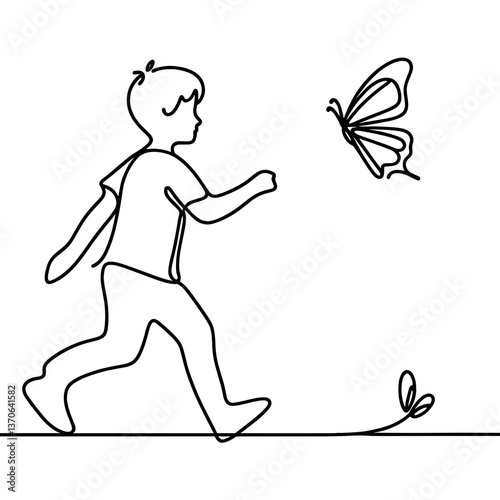 Boy chasing butterfly in line drawing