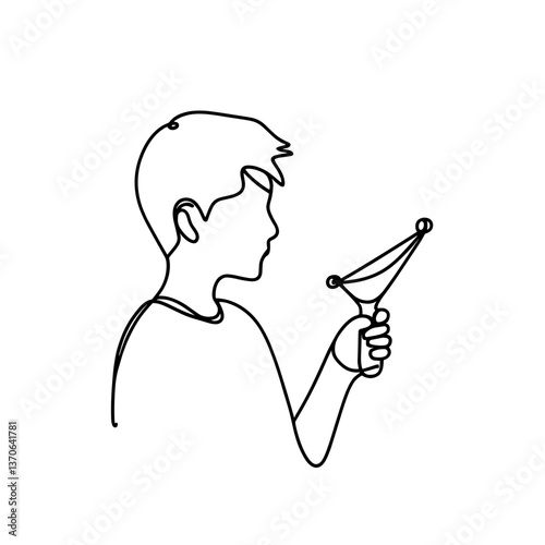 Boy holding slingshot in line drawing