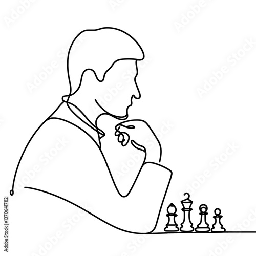 Man thinking while playing chess line art