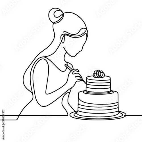 Woman decorating cake in line art