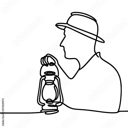 Man holding lantern in continuous line drawing