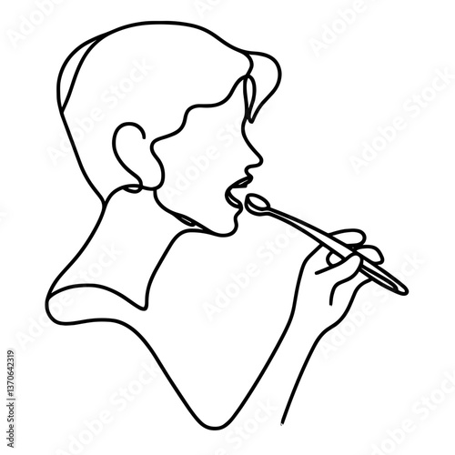 Woman brushing teeth in line art style