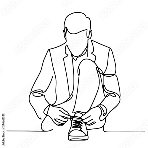 Man tying shoelaces in continuous line drawing