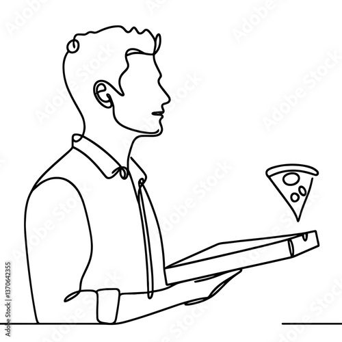 Man holding pizza box in line drawing style