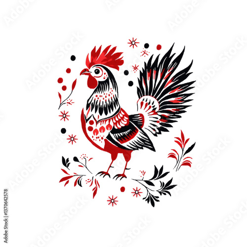 Ornate Red and Black Rooster with Floral Design - Folk Art Style Illustration
