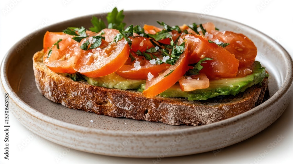 Avocado and tomato toast on a ceramic plate with parsley and sea salt close up isolated on white background healthy vegan meal Avocado and tomato toast on a ceramic plate with parsley and sea salt close up isolated on white background healthy vegan meal