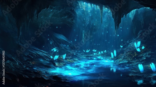 Fantasy cavern scene with glowing water, crystals, and rock formations.