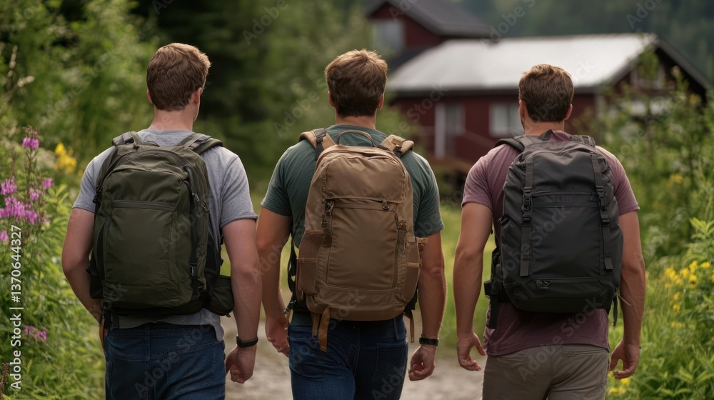 Three men with backpacks walking on a path near flowers and a house surrounded by greenery. Hiking trip concept Three men with backpacks walking on a path near flowers and a house surrounded by greenery. Hiking trip concept