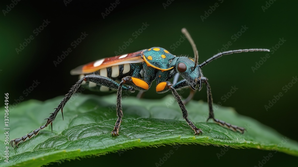 Fototapeta premium Macro Shot of Colorful Beetle on Leaf in Nature