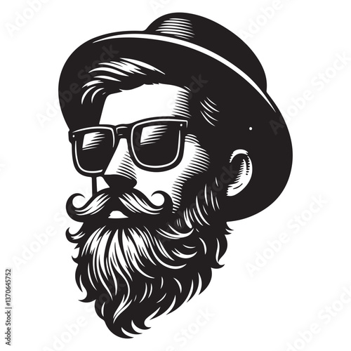 Bearded hipster character wearing hat and sunglasses vector illustration