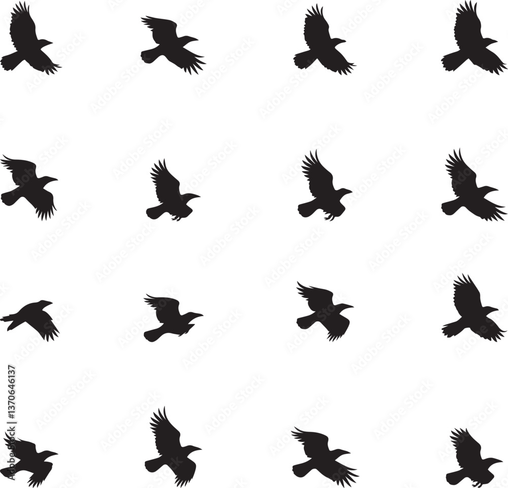Obraz premium Seamless Pattern of Flying Crows in Silhouette