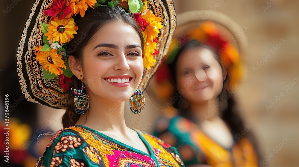 Fototapeta premium Beautiful Young Woman in Vibrant Traditional Mexican Hat and Dress Smiling Portrait Outdoors