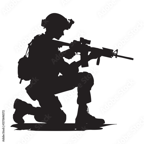 Military Soldier Silhouette Kneeling Ready for Combat Action