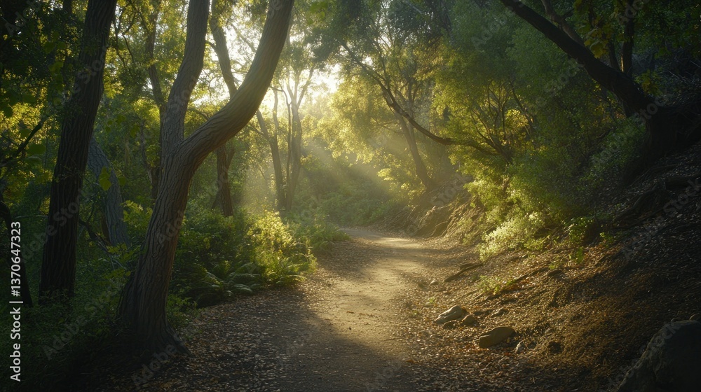 Fototapeta premium A sunlit forest path meanders through a lush green landscape perfectly