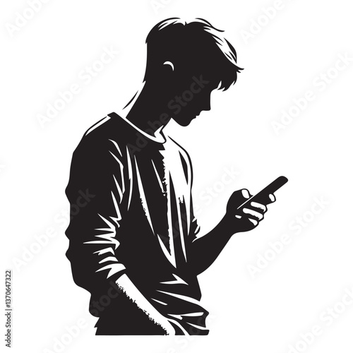 Silhouette Young Man Using Smartphone Vector Art Illustration