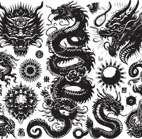 Tattoo Style Vector Bundle | Vintage Skull, Roses, Dragons, and Wild Animals Illustrations