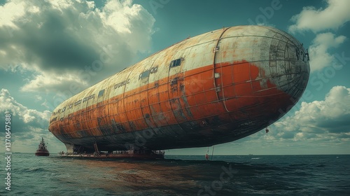 Old airship rests on water near coastal area