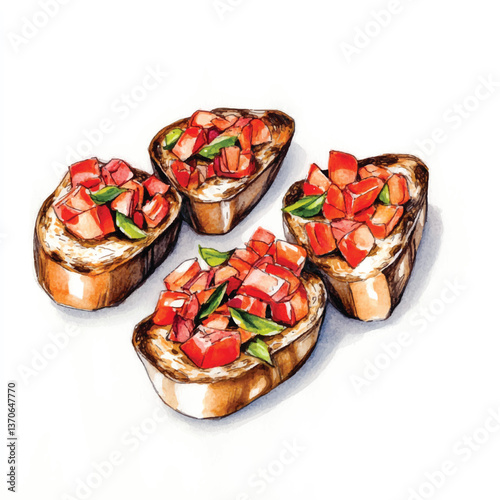 watercolor copic marker concept sketch of Bruschetta