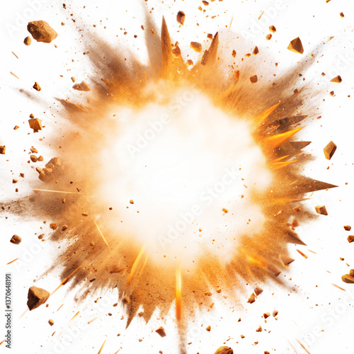 Dust Explosion with Flying Brown Rocks & Glowing Sparks on Background, Energy Blast