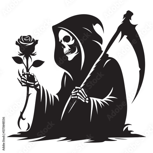 Silhouette Grim Reaper Holding Rose Death Skeleton Vector Illustration Art