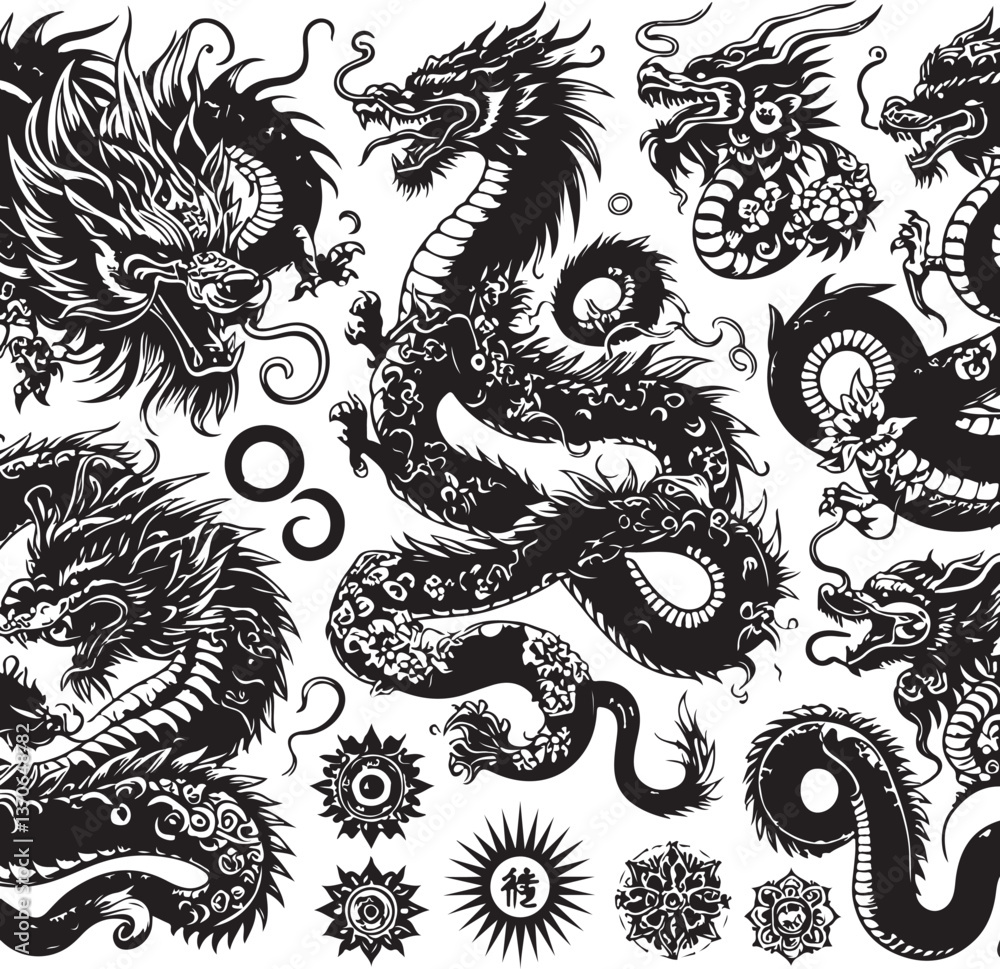Fototapeta premium Tattoo Style Vector Bundle | Vintage Skull, Roses, Dragons, and Wild Animals Illustrations