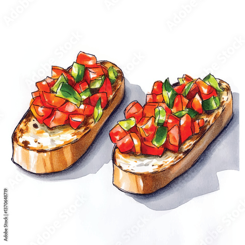 watercolor copic marker concept sketch of Bruschetta