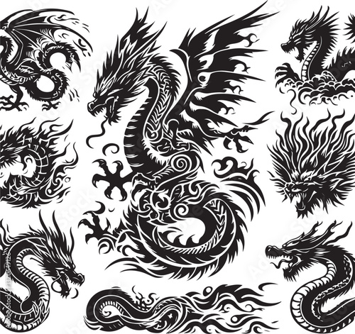 Tattoo Style Vector Bundle | Vintage Skull, Roses, Dragons, and Wild Animals Illustrations