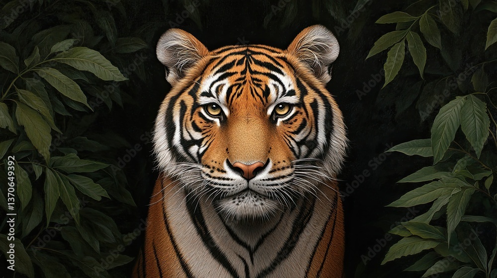 Fototapeta premium Majestic Tiger in Lush Foliage: A Captivating Portrait