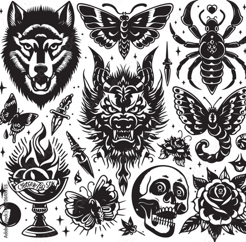 Tattoo Style Vector Bundle | Vintage Skull, Roses, Dragons, and Wild Animals Illustrations