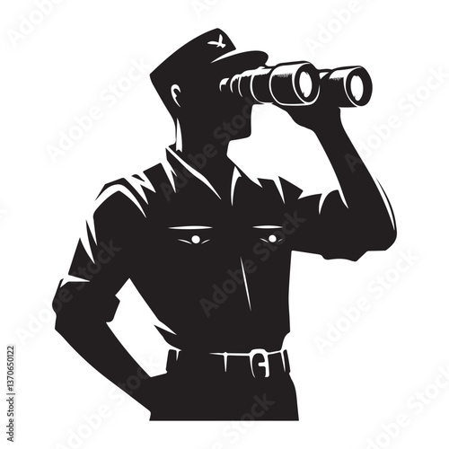 Silhouette Military Officer Using Binoculars Vector Graphic for Surveillance