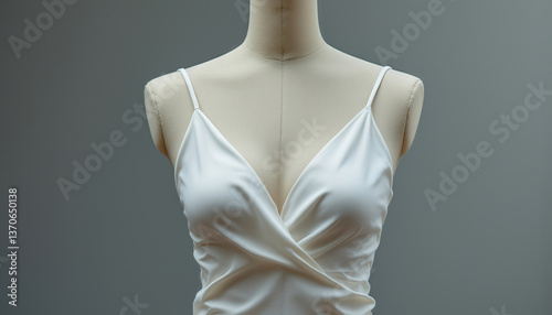 An elegantly draped camisole is positioned on a mannequin torso, showcasing its form fitting silhouette and enhancing its visual appeal