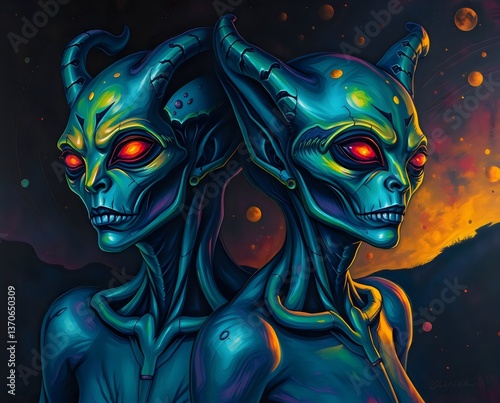 Chromatic Reverie Mystical Beings from a DMT Vision in a Vibrant, Shadowed Dream photo