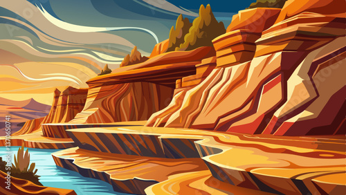 Sandstone Cliffs with natural erosion patterns desert landscape and textures, Highly detailed vector illustration