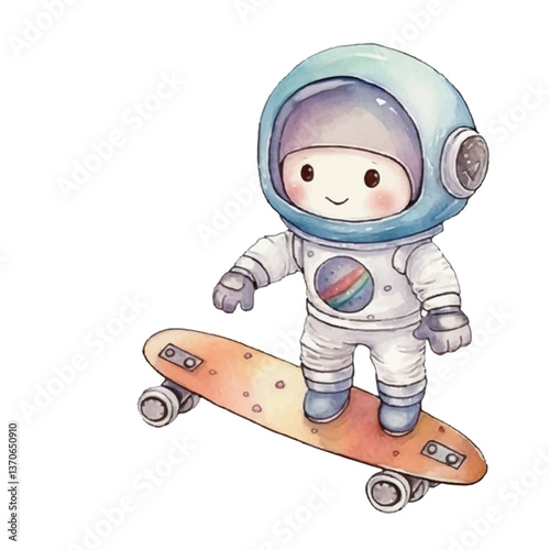 diver playing skateboard cute watercolors illustration on white background