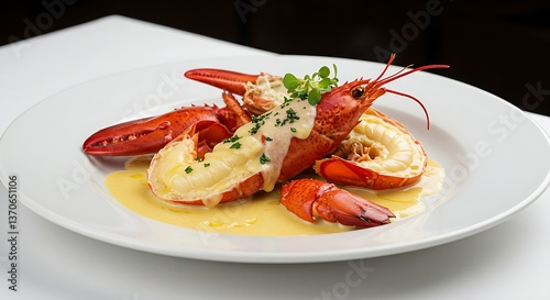 A luxurious serving of lobster thermidor with creamy sauce, beautifully plated on a white surface