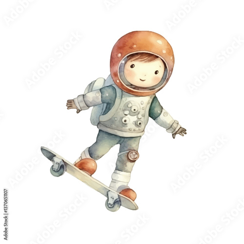 diver playing skateboard cute watercolors illustration on white background