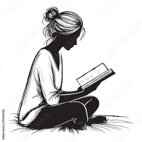 Woman silhouette reading book illustration in peaceful moment