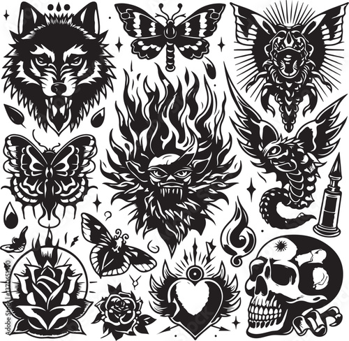 Tattoo Style Vector Bundle | Vintage Skull, Roses, Dragons, and Wild Animals Illustrations