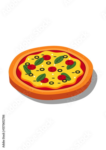 pizza vector shape, ingredients on pizza, white background illustration